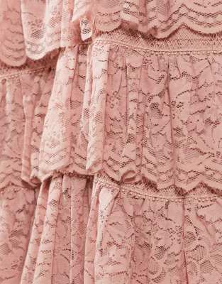 bardot lace tiered mini dress in dusty pink