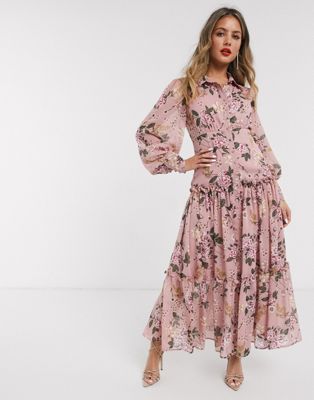 Bardot - Lange jurk met bloemenprint in zachtroze