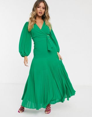 Bardot - Lange jurk met dijsplit en riem in groen