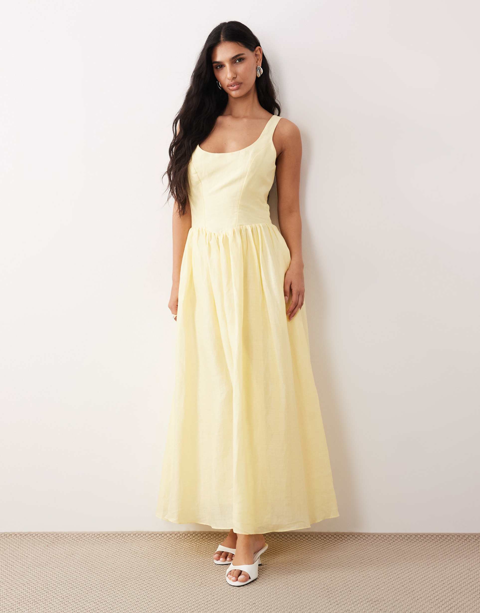 bardot lawrence ramie cotton scoop neck corset detail maxi dress in lemon