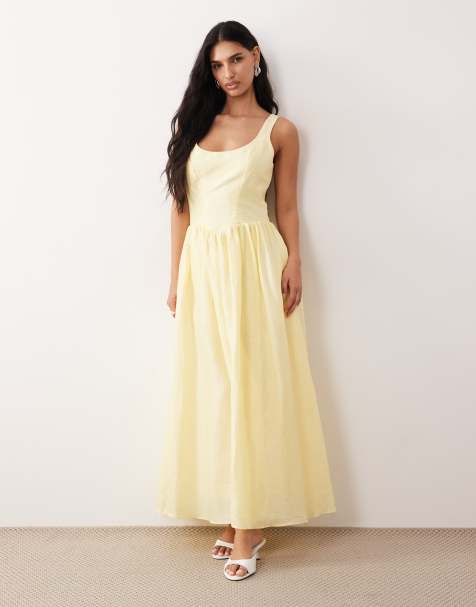 Bardot - Lawrence - Robe longue en coton et ramie avec encolure dégagée et détail corset - Citron - view 1