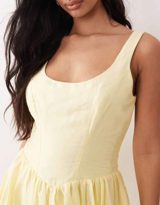 Bardot - Lawrence - Robe longue en coton et ramie avec encolure dégagée et détail corset - Citron, 3 de 4