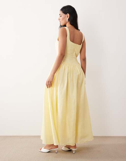 Bardot - Lawrence - Robe longue en coton et ramie avec encolure dégagée et détail corset - Citron, 4 de 4