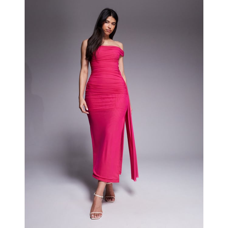 Bardot Layana mesh twisted one shoulder ruched midaxi dress in hot pink |  ASOS