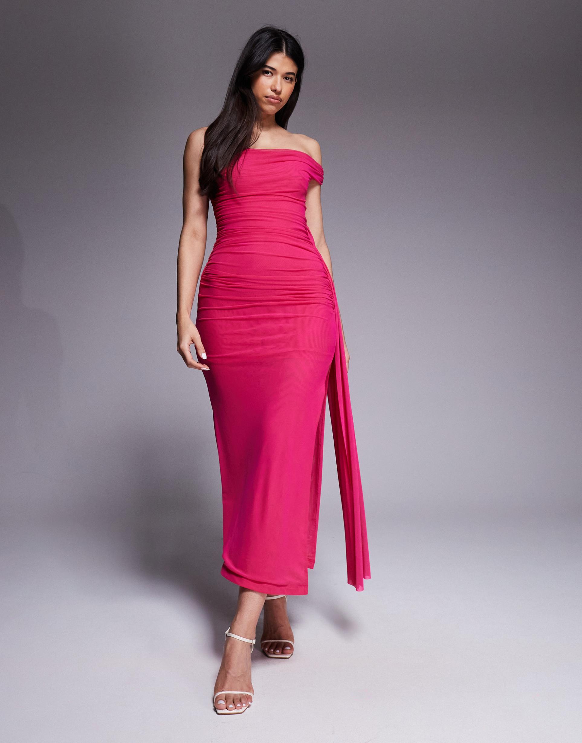 bardot layana mesh twisted one shoulder ruched midaxi dress in hot pink