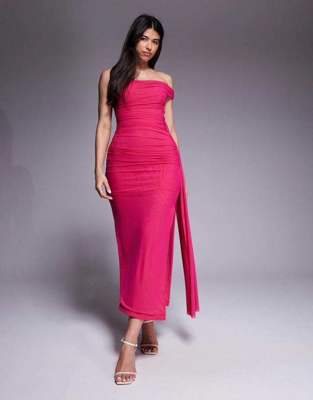 Bardot Layana mesh twisted one shoulder ruched midaxi dress in hot pink