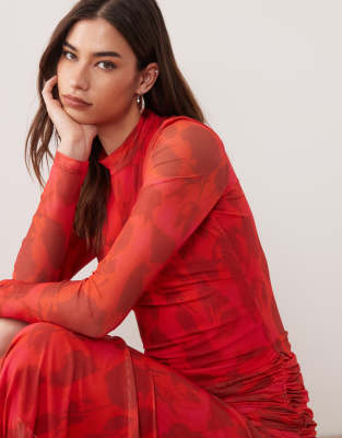Bardot Lea mesh long sleeve ruched waist slit front maxi dress in red  floral print | ASOS