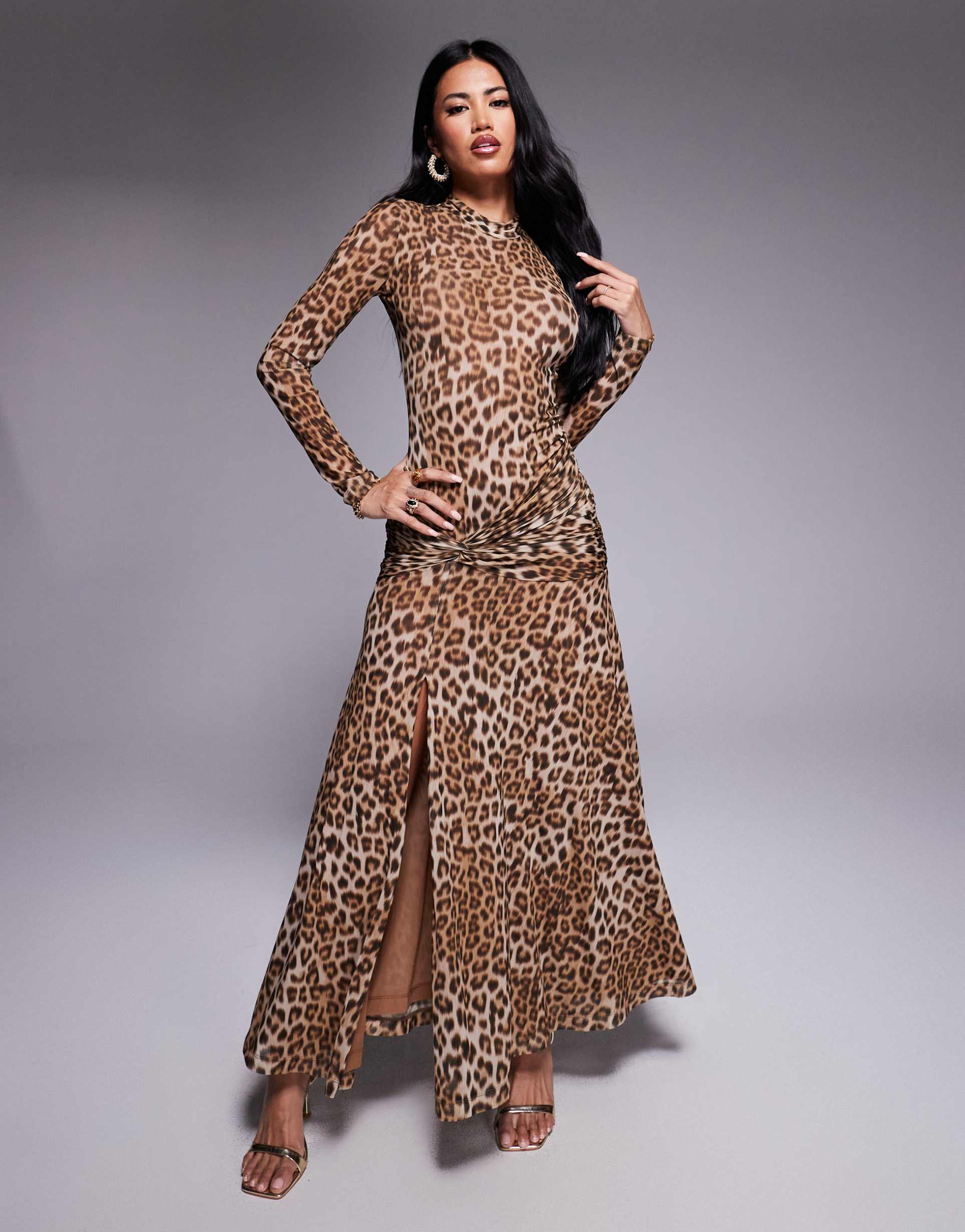 bardot lea printed mesh midi dress in leopard