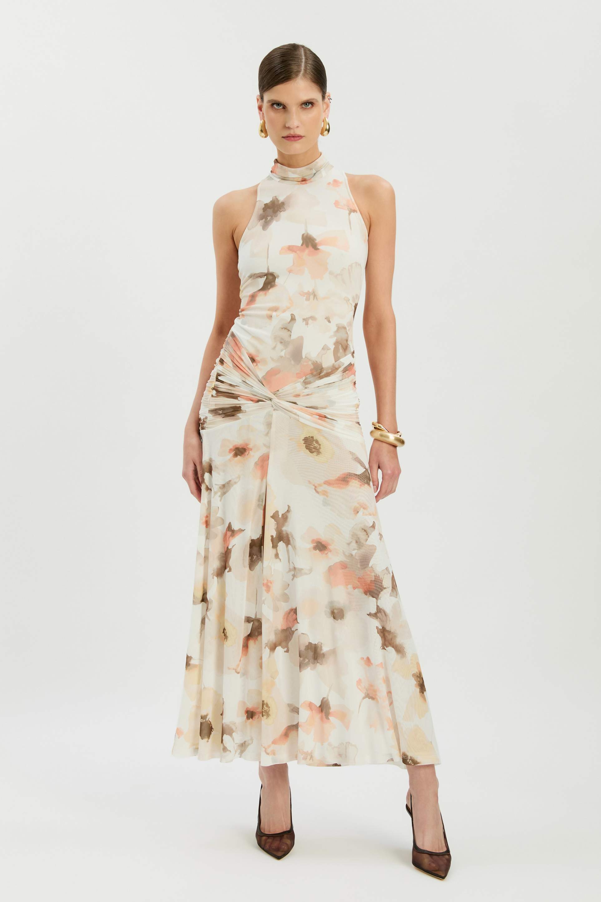 bardot leanna high neck ruched waist thigh slit mesh midaxi dress in ivory watercolor floral