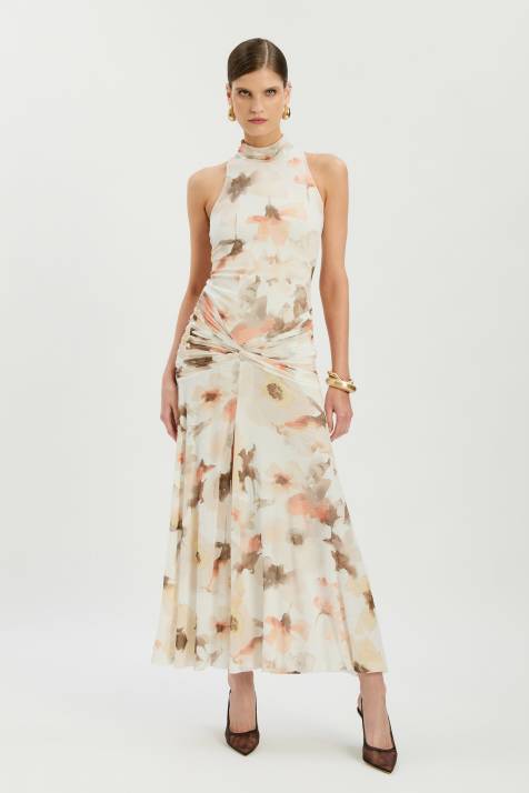 Bardot – Leanna – Hochgeschlossenes Netzstoff-Midikleid in Elfenbeinweiß mit geraffter Taille, hohem Schlitz und Aquarell-Blumenmuster - view 1