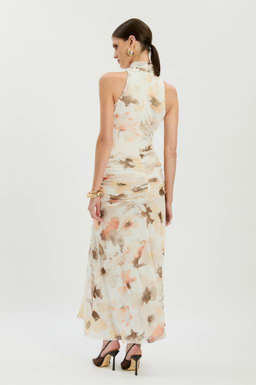 Bardot - Leanna - Hoogsluitende midi jurk van mesh met gerimpelde taille en dijsplit in ivoorwitte aquarel bloemenprint, 3 van 4