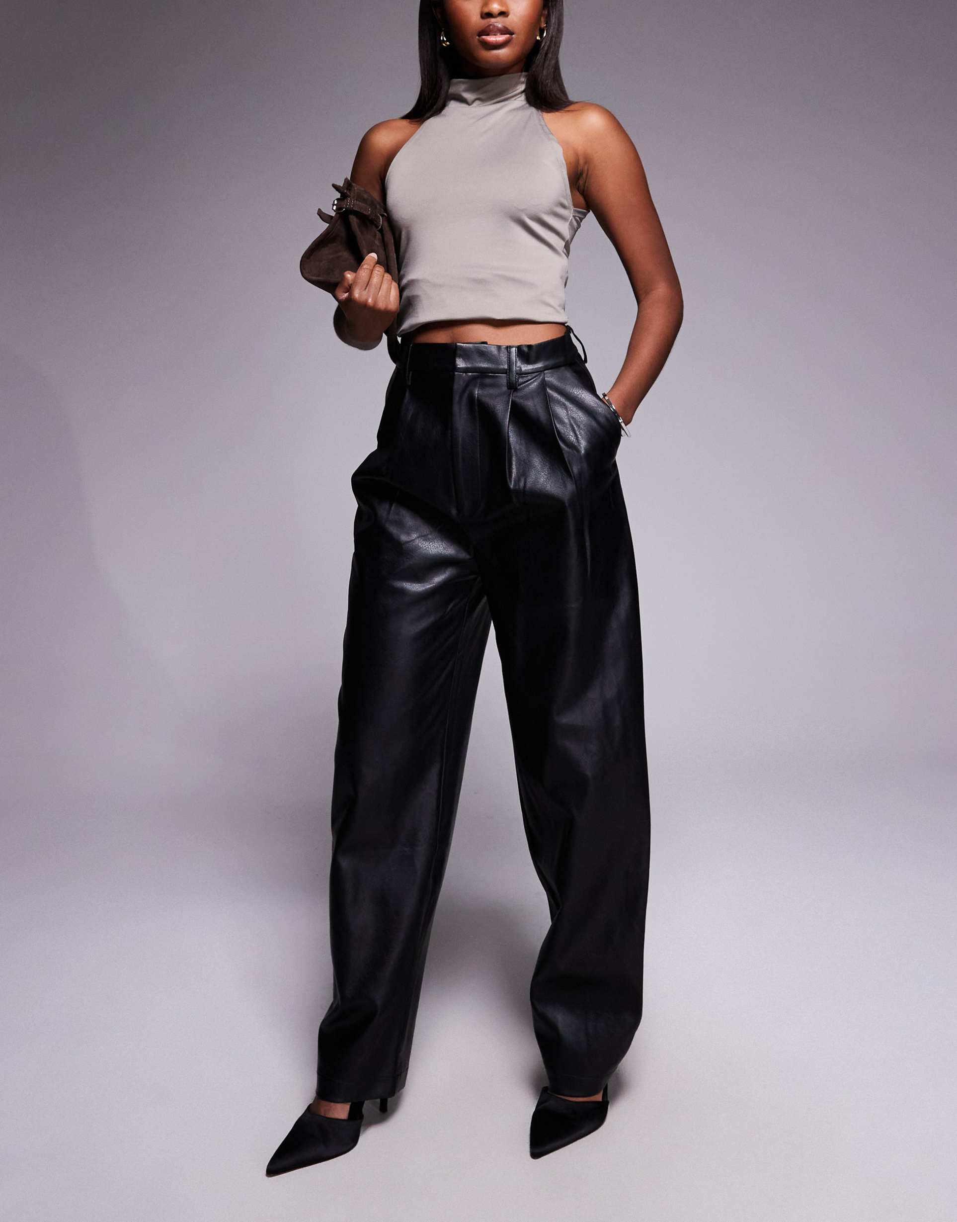 bardot leather look high waisted tapered leg pants in black
