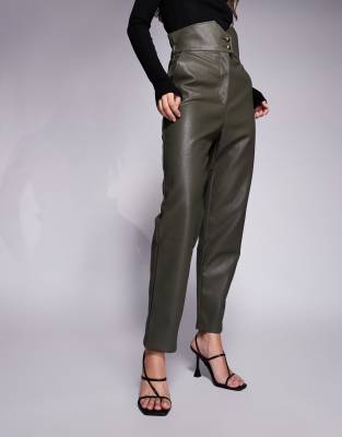 Bardot Leather Look Shaped High Waisted Tapered Pants In Green
