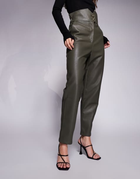 Bardot leather look shaped high waisted tapered pants in olive green - view 1