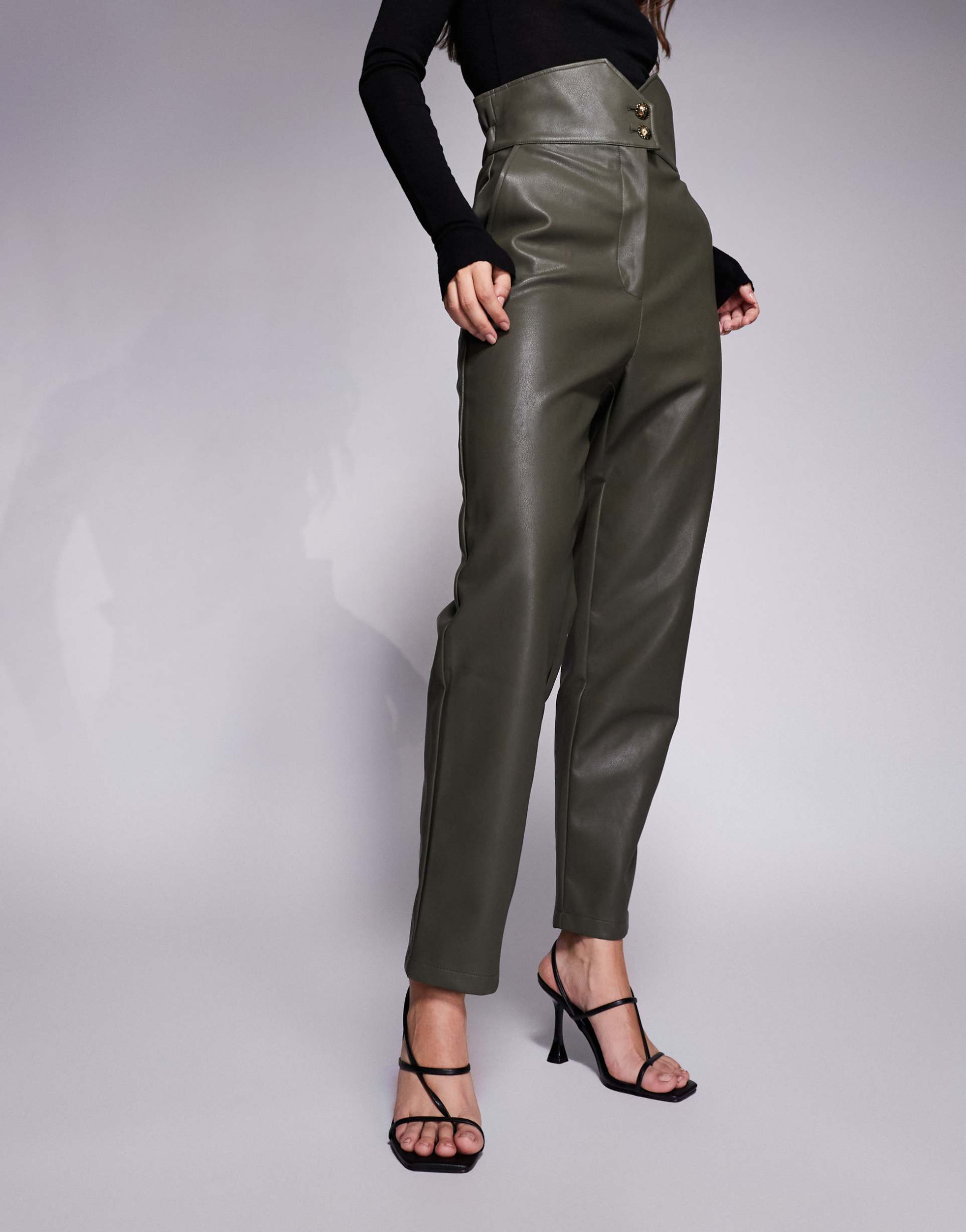 bardot leather look shaped high waisted tapered pants in olive green