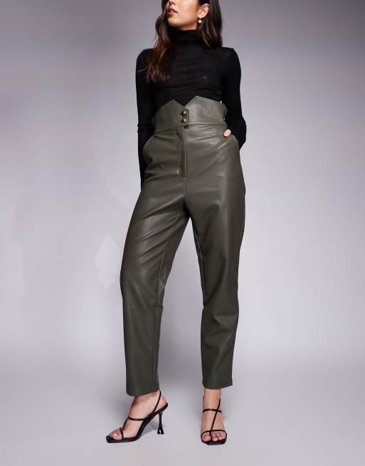 Bardot leather look shaped high waisted tapered pants in olive green, 3 of 5