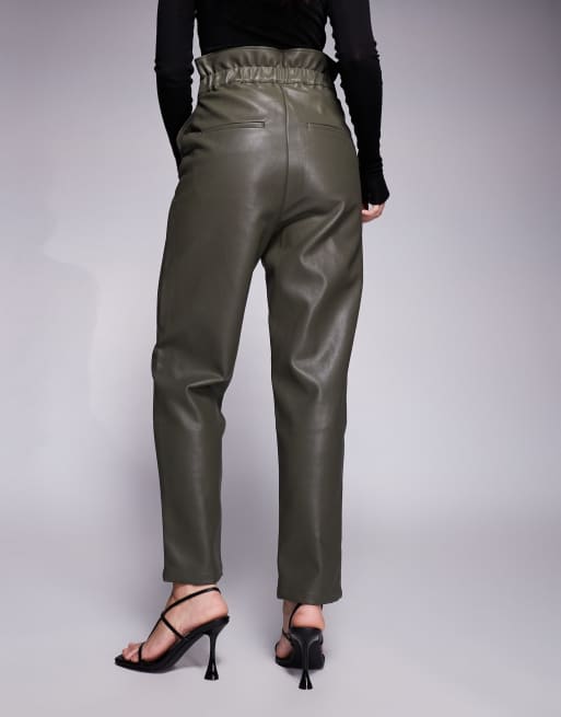 Bardot leather look shaped high waisted tapered pants in olive green, 5 of 5