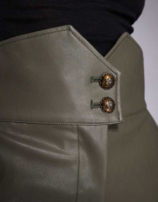 Bardot leather look shaped high waisted tapered trousers in olive green, 2 of 5