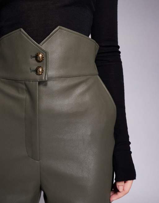 Bardot leather look shaped high waisted tapered trousers in olive green, 4 of 5