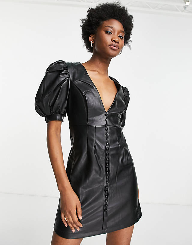 Bardot - leatherette dress with puff sleeves in black