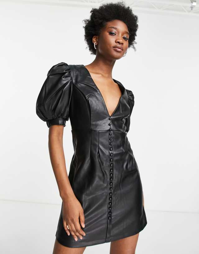 Bardot leatherette dress with puff sleeves in black