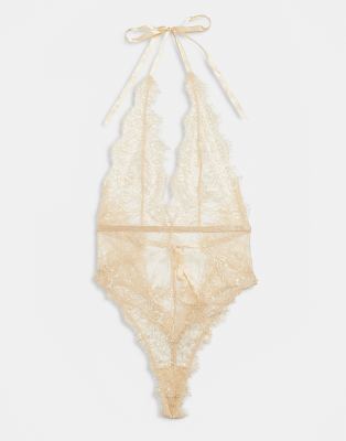 Bardot Leonora lace plunge neck halter tie detail bodysuit in gold