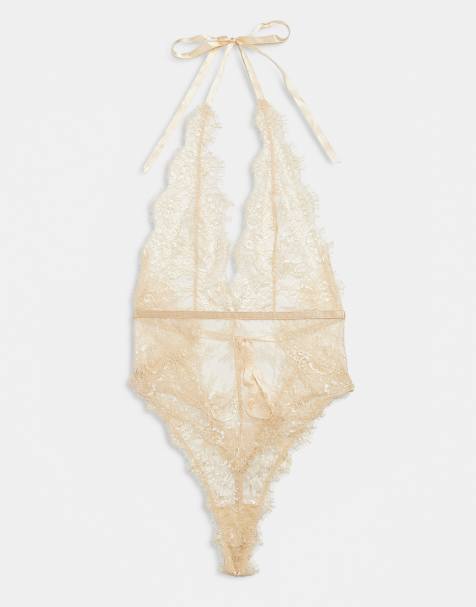 Bardot leonora lace plunge neck halter tie detail bodysuit in gold - view 1