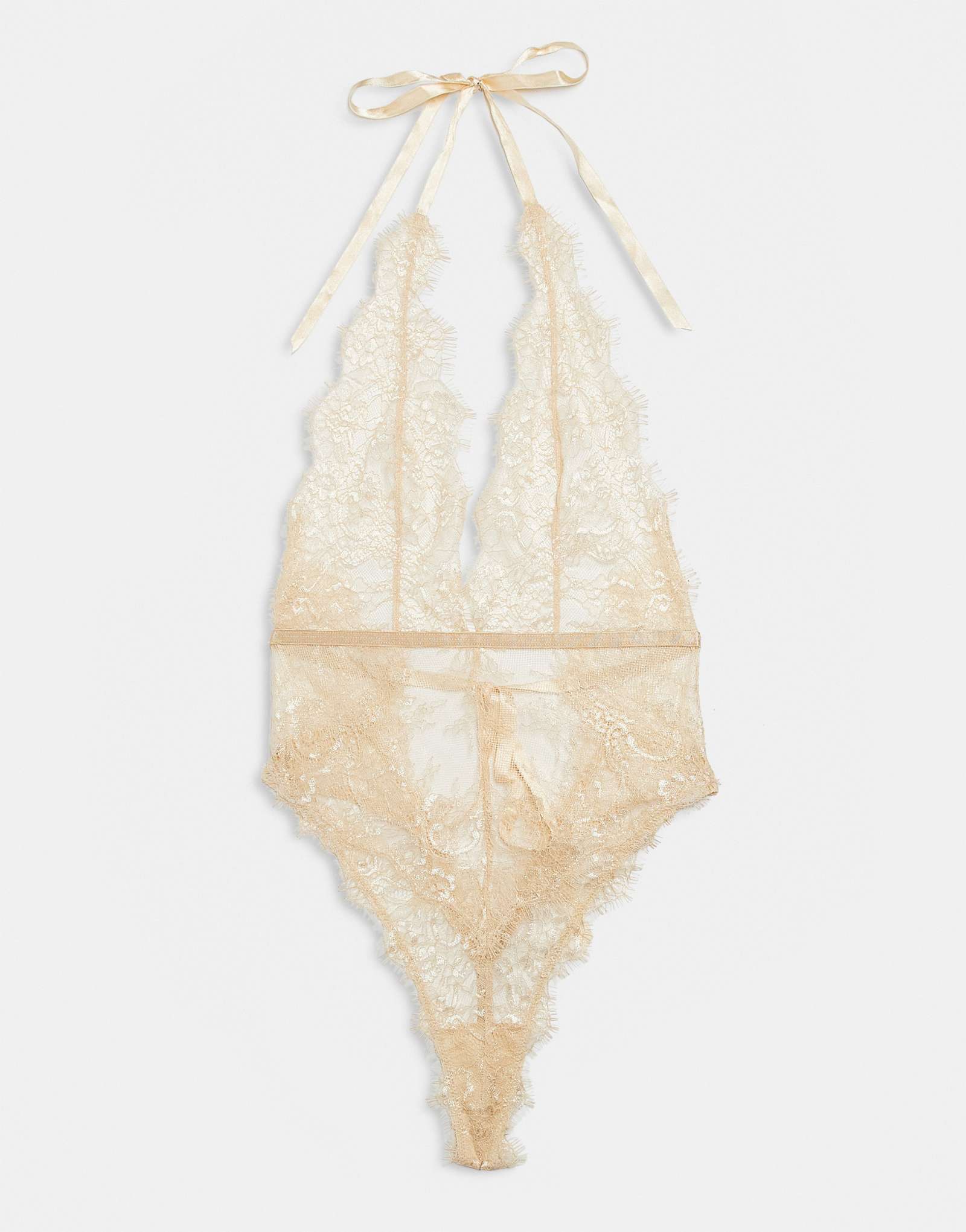 Боди из кружева Bardot Leonora с глубоким вырезом и завязками на шее золотого цвета