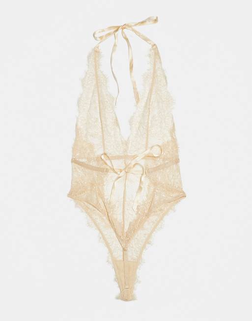 Bardot Leonora lace plunge neck halter tie detail bodysuit in gold, 3 of 3