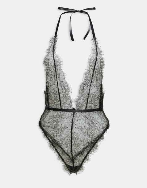 Bardot leonora lace plunge neck ribbon tie bodysuit in black - view 1