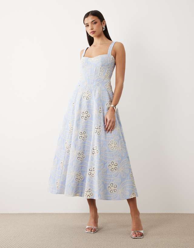 Bardot Lilah broderie corset midi dress in blue floral