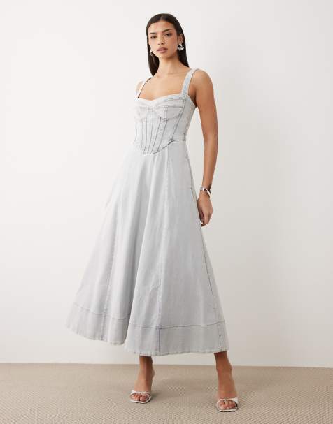 Bardot Lilah denim corset detail maxi dress in light blue denim