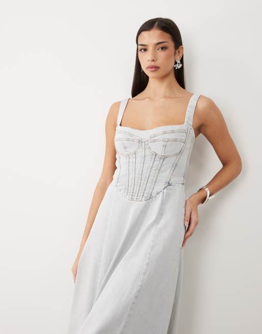 Bardot Lilah denim corset detail maxi dress in light blue denim, 2 of 4