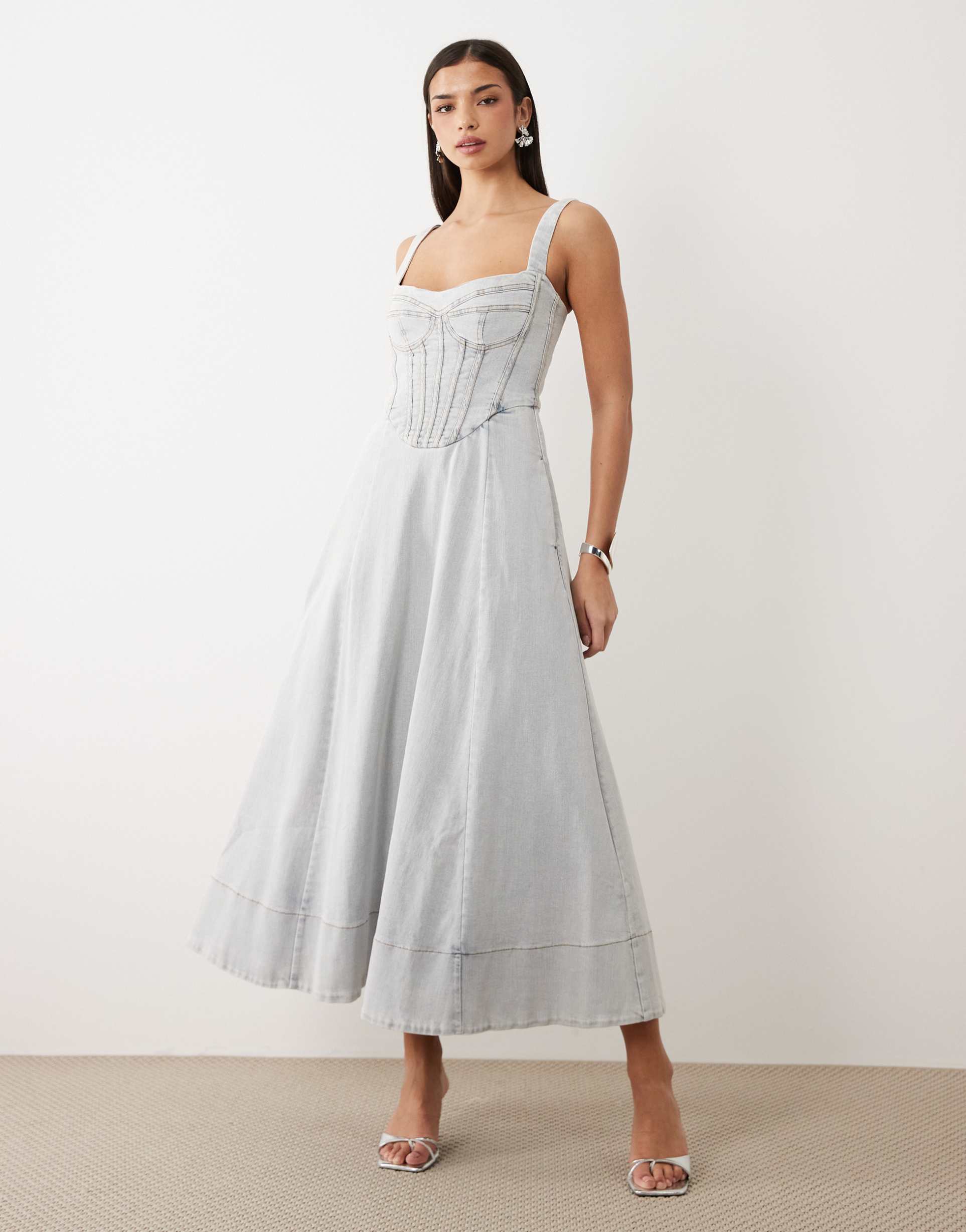 bardot lilah denim corset detail maxi dress in light blue