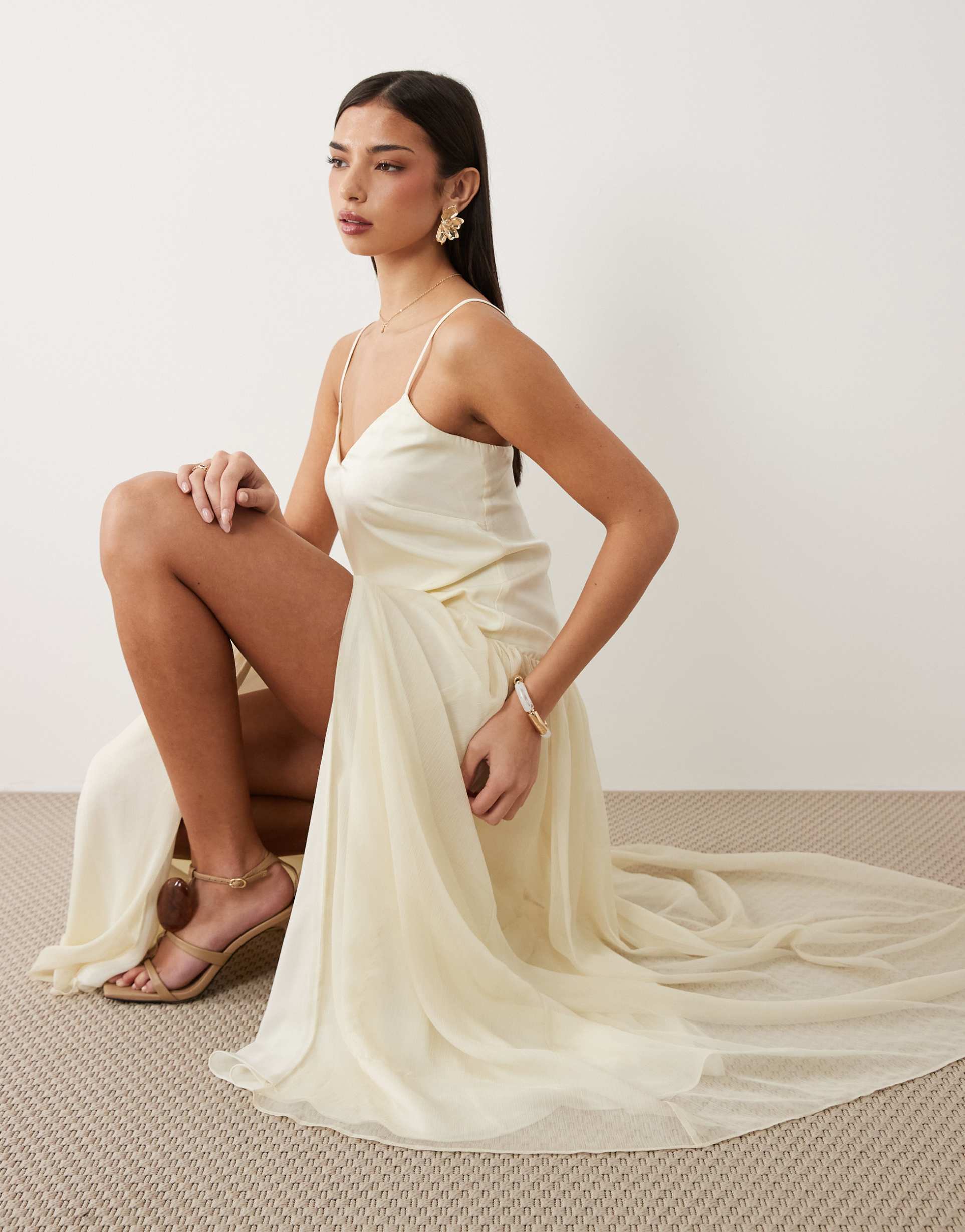bardot linara chiffon cami full skirt thigh split maxi dress in ivory