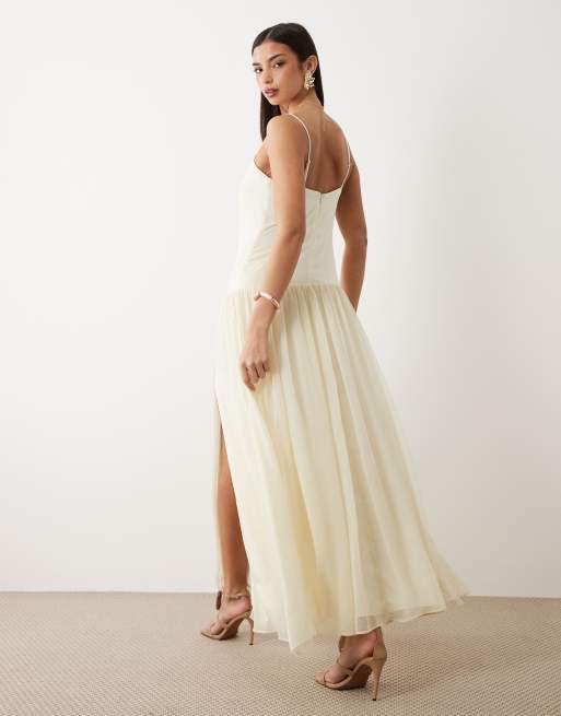 Bardot Linara chiffon cami full skirt thigh split maxi dress in ivory | ASOS