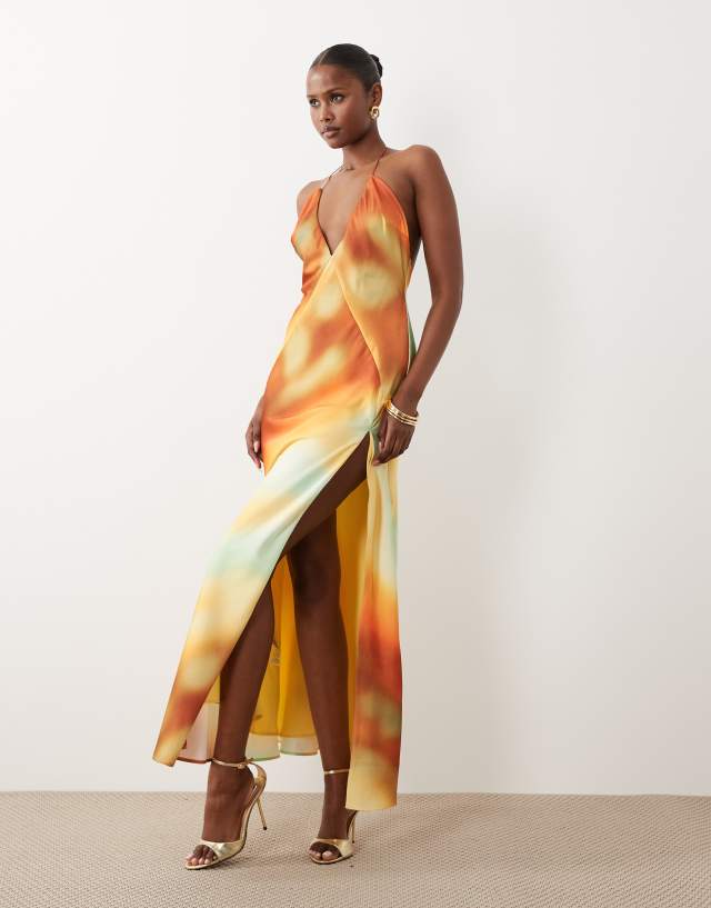 Bardot Lizbeth halter neck maxi dress with thigh slit in sunrise