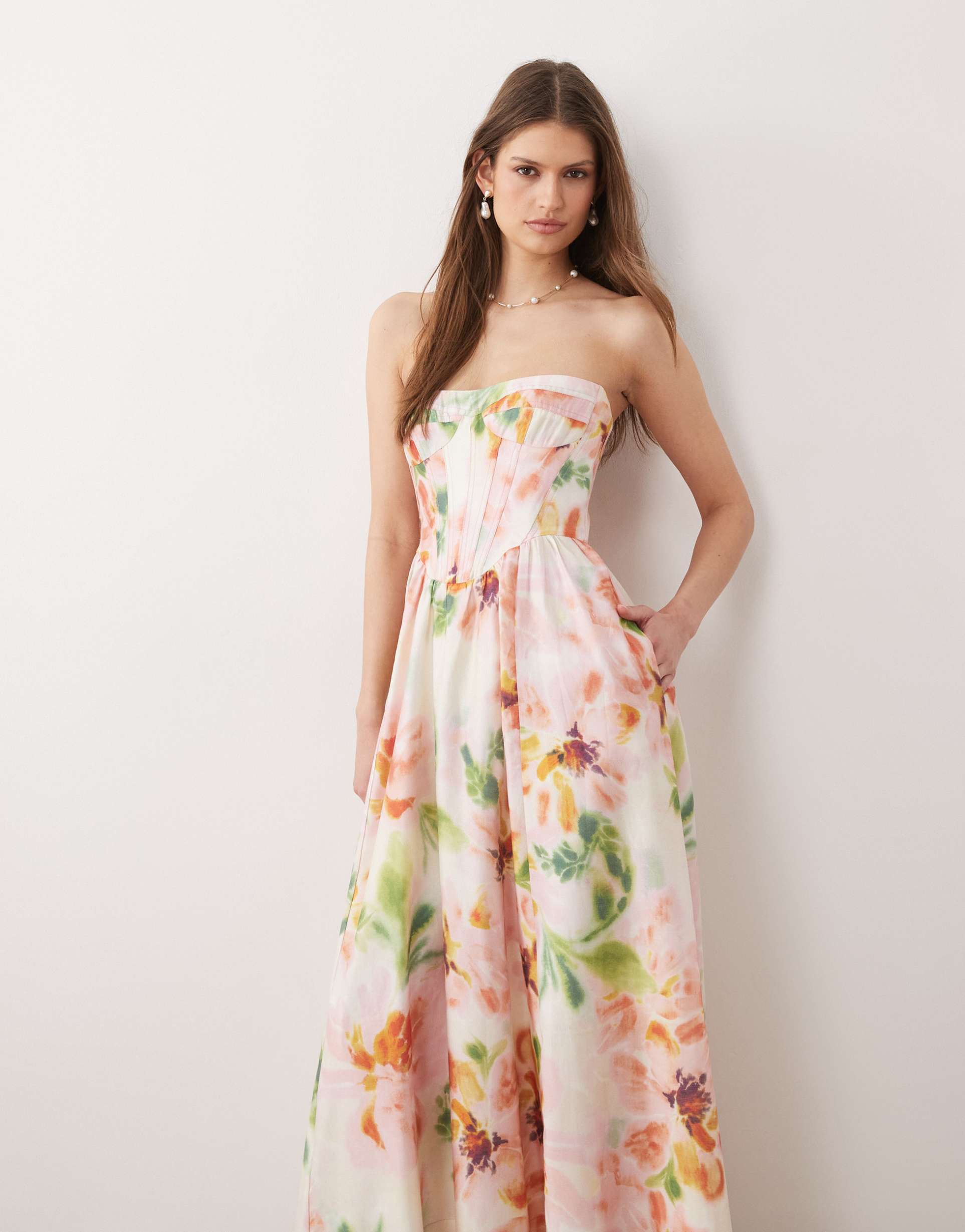 bardot lola bandeau boned corset detail maxi dress in blurred pink floral