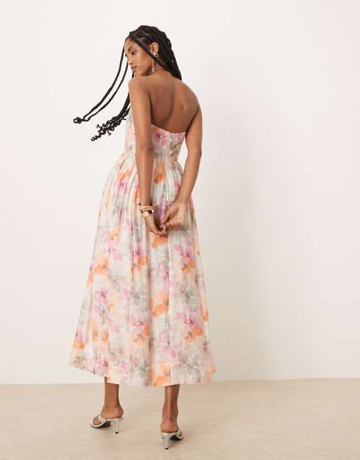 Bardot Lola corset midi dress in apricot floral | ASOS