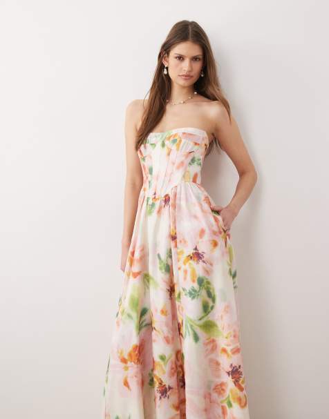 Bardot Lola katoenen bandeaumaxi jurk met baleinen en corsetdetail in vervaagde roze bloemenprint - view 1