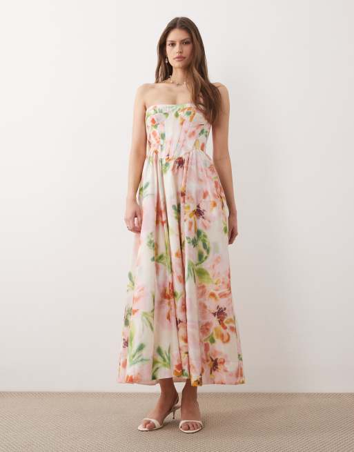 Bardot - Lola - Robe bandeau longue à imprimé fleuri flou avec corset à armatures - Rose, 3 de 4