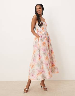 Bardot - Lola - Robe mi-longue style corset à fleurs - Abricot-Blanc