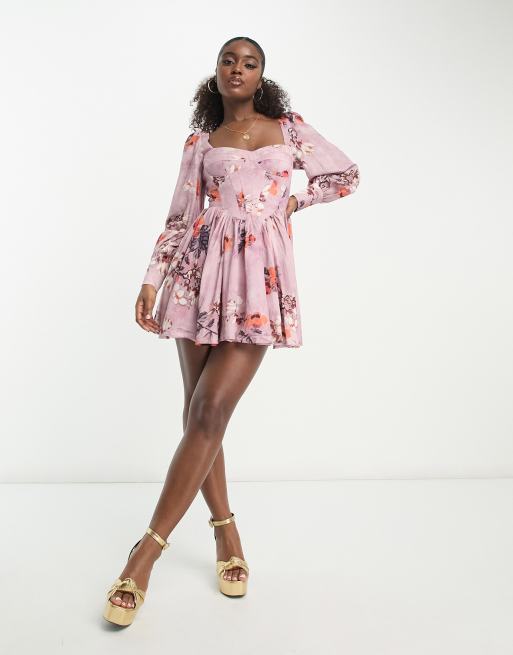 Taylor Long Sleeve Layered Corset Mini Dress in Grey Print