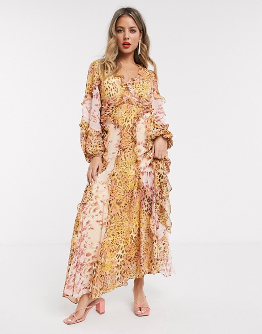 Bardot long sleeve frill maxi dress in mustard/blush leopard print
