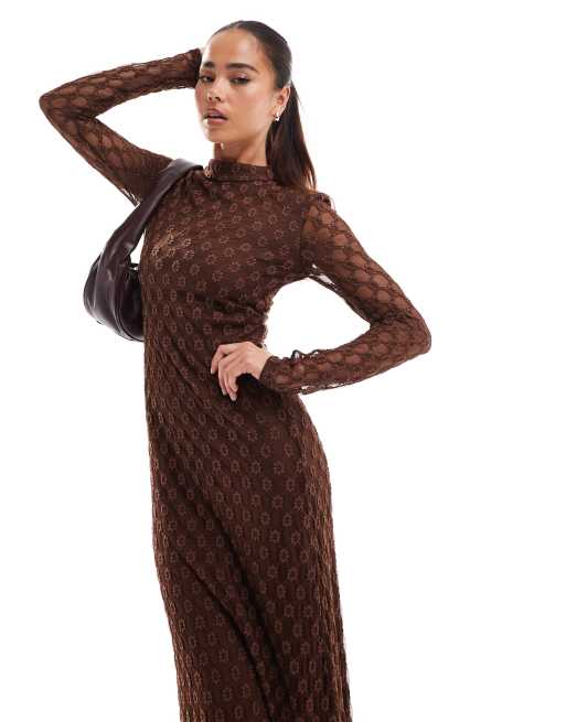Bardot long sleeve lace maxi dress in chocolate ASOS