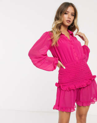 Bardot Long Sleeve Shirred Mini Shirt Dress In Pink | ModeSens