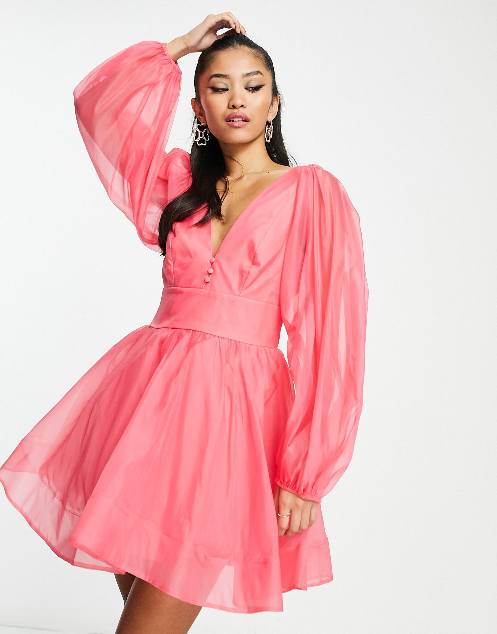 bardot long sleeve mini dress in watermelon pink