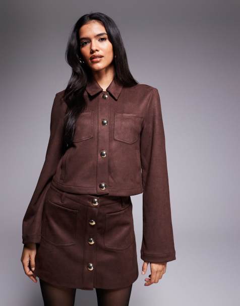 Bardot Lorenzo faux suede button front shacket co-ord in chocolate - view 1