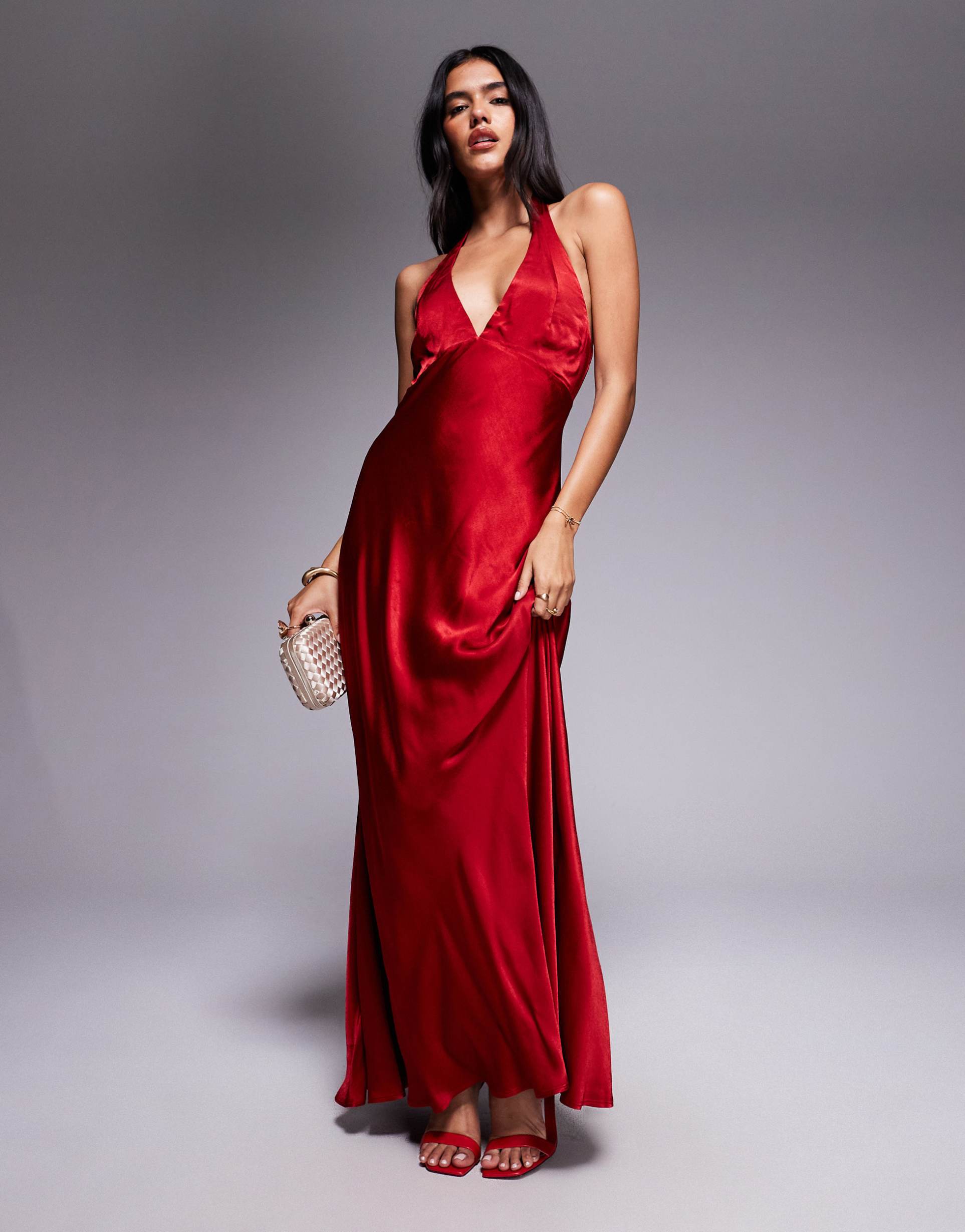 bardot magdalene satin halter dress in deep red