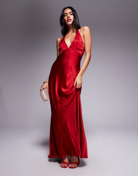 Bardot Magdalene satin halter dress in deep red